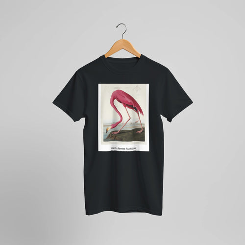 Pink Flamingo from Birds of America (1827) by John James Audubon. Custom Print on a 100% Airlume Combed and Ring-Spun Cotton Unisex Crewneck T-shirt Optimised Aspect Ratio.