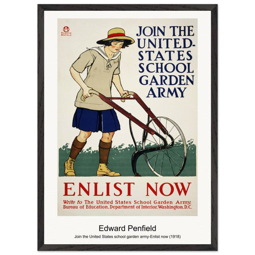 Join the United States school garden army-Enlist now (1918) by Edward Penfield. Archival Print on Museum Quality Matte Paper. Premium Wood Framed Wall Art. Optimised Aspect Ratio.