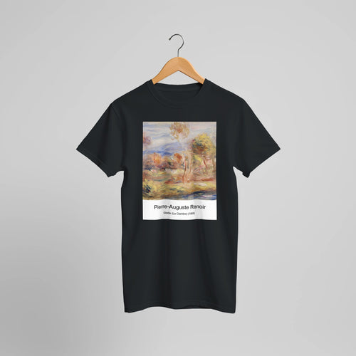 Landscape at Vètheuil (1890) by Pierre-Auguste Renoir. Custom Print on a 100% Airlume Combed and Ring-Spun Cotton Unisex Crewneck T-shirt Optimised Aspect Ratio.
