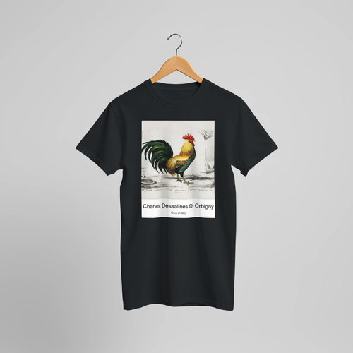 Cock (1892) by Charles Dessalines D' Orbigny. Custom Print on a 100% Airlume Combed and Ring-Spun Cotton Unisex Crewneck T-shirt Optimised Aspect Ratio.