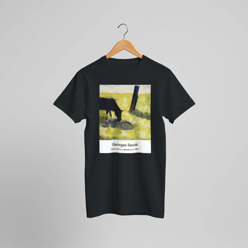 Black Cow in a Meadow (ca. 1881) by Georges Seurat. Custom Print on a 100% Airlume Combed and Ring-Spun Cotton Unisex Crewneck T-shirt Optimised Aspect Ratio.