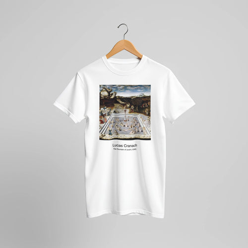 The fountain of youth (1546) by Lucas Cranach the Elder. Custom Print on a 100% Airlume Combed and Ring-Spun Cotton Unisex Crewneck T-shirt Original Aspect Ratio