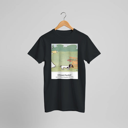 Woman reading in the garden (1890-1907) by Edward Penfield. Custom Print on a 100% Airlume Combed and Ring-Spun Cotton Unisex Crewneck T-shirt Optimised Aspect Ratio.