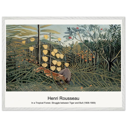 In a Tropical Forest. Struggle between Tiger and Bull (1908-1909) by Henri Rousseau. Archival Print on Museum Quality Matte Paper. Premium Wood Framed Wall Art. Optimised Aspect Ratio.
