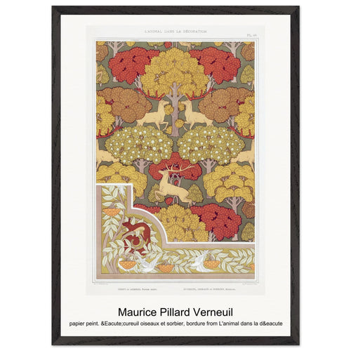 Cerfs et arbres, papier peint. Écureuil oiseaux et sorbier, bordure from L'animal dans la décoration (1897) by Maurice Pillard Verneuil. Archival Print on Museum Quality Matte Paper. Premium Wood Framed Wall Art. Original Aspect Ratio