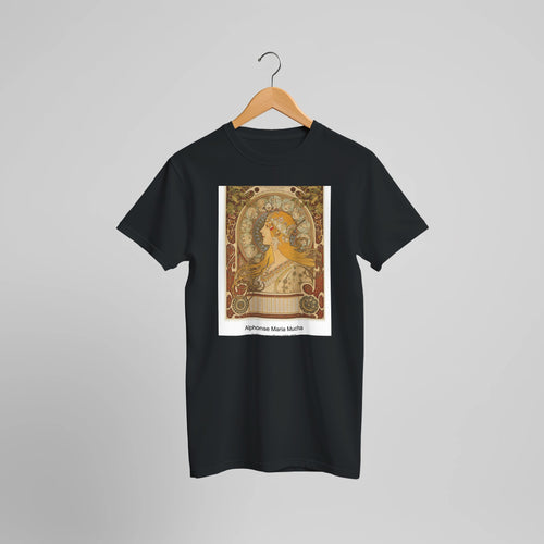 Zodiaque or La Plume (1896-1897) by Alphonse Maria Mucha. Custom Print on a 100% Airlume Combed and Ring-Spun Cotton Unisex Crewneck T-shirt Optimised Aspect Ratio.