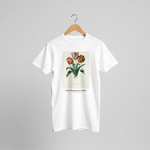 Didier's tulip (Tulipa gesneriana) (1892) by Charles Dessalines D' Orbigny. Custom Print on a 100% Airlume Combed and Ring-Spun Cotton Unisex Crewneck T-shirt Original Aspect Ratio