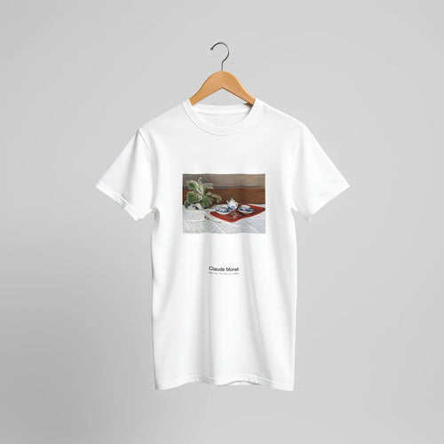 Still Life, Tea Service (1872) by Claude Monet. Custom Print on a 100% Airlume Combed and Ring-Spun Cotton Unisex Crewneck T-shirt Original Aspect Ratio