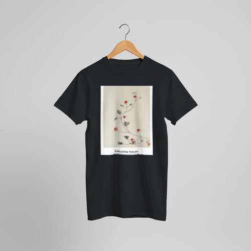 Small Red Blossoms on a Vine (1830-1850) by Katsushika Hokusai. Custom Print on a 100% Airlume Combed and Ring-Spun Cotton Unisex Crewneck T-shirt Optimised Aspect Ratio.