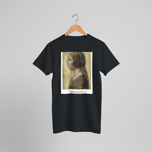 Profile of a Young Fiancée (1495) by Leonardo da Vinci. Custom Print on a 100% Airlume Combed and Ring-Spun Cotton Unisex Crewneck T-shirt Optimised Aspect Ratio.