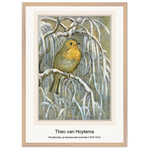 Roodborstje op besneeuwde boomtak (1878-1910) by Theo van Hoytema. Archival Print on Museum Quality Matte Paper. Premium Wood Framed Wall Art. Optimised Aspect Ratio.