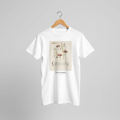 Kerstkaart met drie flamingo's (c. 1878-c. 1917) by Theo van Hoytema. Custom Print on a 100% Airlume Combed and Ring-Spun Cotton Unisex Crewneck T-shirt Original Aspect Ratio