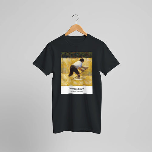 The Mower (1881-1882) by Georges Seurat. Custom Print on a 100% Airlume Combed and Ring-Spun Cotton Unisex Crewneck T-shirt Optimised Aspect Ratio.