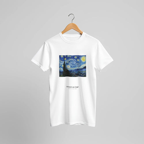 The Starry Night (1889) by Vincent van Gogh. Custom Print on a 100% Airlume Combed and Ring-Spun Cotton Unisex Crewneck T-shirt Original Aspect Ratio