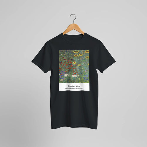 Farm Garden with Sunflowers (1907) by Gustav Klimt. Custom Print on a 100% Airlume Combed and Ring-Spun Cotton Unisex Crewneck T-shirt Optimised Aspect Ratio.