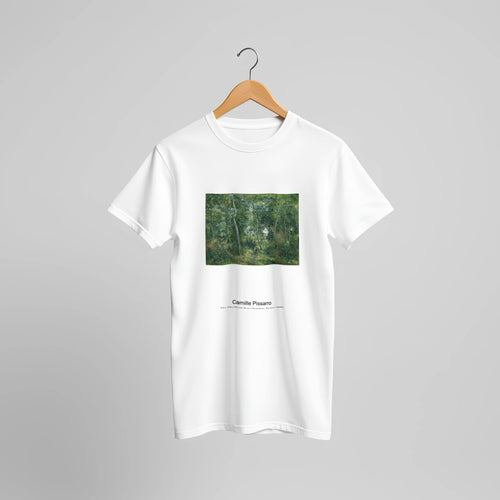 Edge of the Woods Near L'Hermitage, Pontoise (1879) by Camille Pissarro. Custom Print on a 100% Airlume Combed and Ring-Spun Cotton Unisex Crewneck T-shirt Original Aspect Ratio