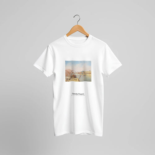 The Louvre, Morning, Sunlight (1872) by Camille Pissarro. Custom Print on a 100% Airlume Combed and Ring-Spun Cotton Unisex Crewneck T-shirt Original Aspect Ratio