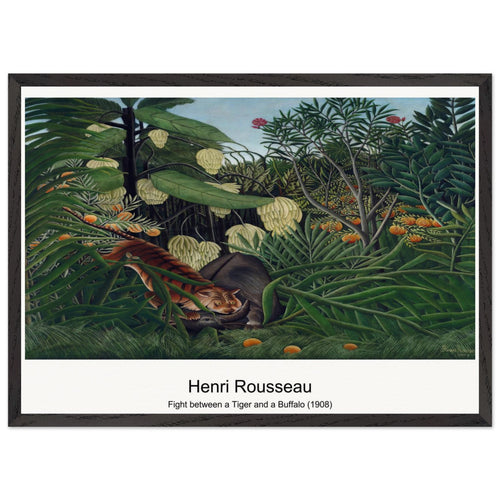 Fight between a Tiger and a Buffalo (1908) by Henri Rousseau. Archival Print on Museum Quality Matte Paper. Premium Wood Framed Wall Art. Optimised Aspect Ratio.