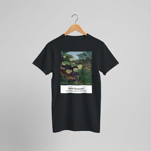 Fight between a Tiger and a Buffalo (1908) by Henri Rousseau. Custom Print on a 100% Airlume Combed and Ring-Spun Cotton Unisex Crewneck T-shirt Optimised Aspect Ratio.