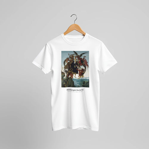 The Torment of Saint Anthony (1487-1488) by Michelangelo Buonarroti. Custom Print on a 100% Airlume Combed and Ring-Spun Cotton Unisex Crewneck T-shirt Original Aspect Ratio