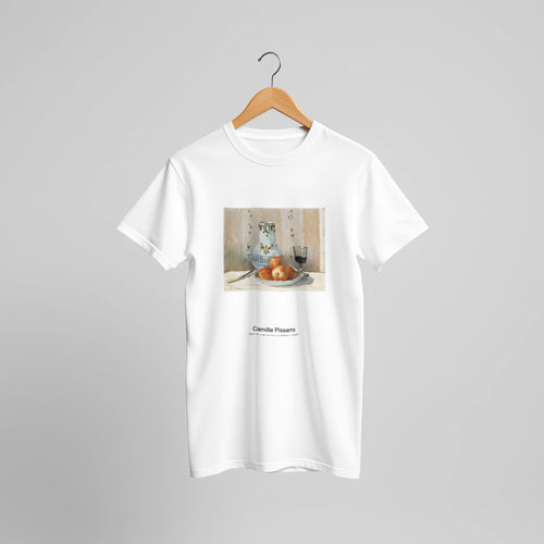 Still Life with Apples and Pitcher (1872) by Camille Pissarro. Custom Print on a 100% Airlume Combed and Ring-Spun Cotton Unisex Crewneck T-shirt Original Aspect Ratio