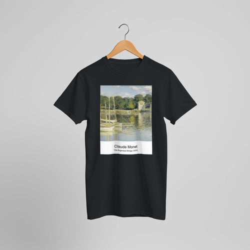 The Argenteuil Bridge (1874) by Claude Monet. Custom Print on a 100% Airlume Combed and Ring-Spun Cotton Unisex Crewneck T-shirt Optimised Aspect Ratio.