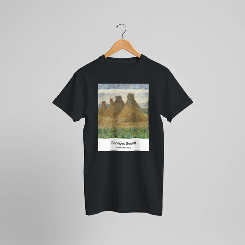 Haystacks (1882) by Georges Seurat. Custom Print on a 100% Airlume Combed and Ring-Spun Cotton Unisex Crewneck T-shirt Optimised Aspect Ratio.