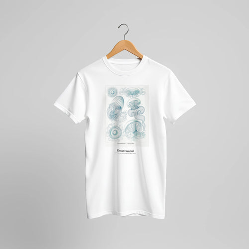 Leptomedusae-Faltenquallen (1904) by Ernst Haeckel. Custom Print on a 100% Airlume Combed and Ring-Spun Cotton Unisex Crewneck T-shirt Original Aspect Ratio