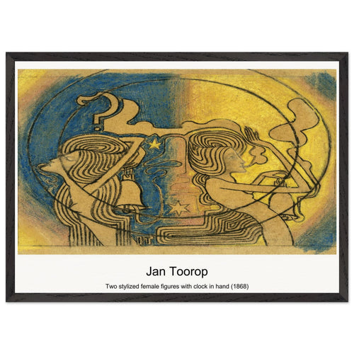 Two stylized female figures with clock in hand (1868) by Jan Toorop. Archival Print on Museum Quality Matte Paper. Premium Wood Framed Wall Art. Optimised Aspect Ratio.