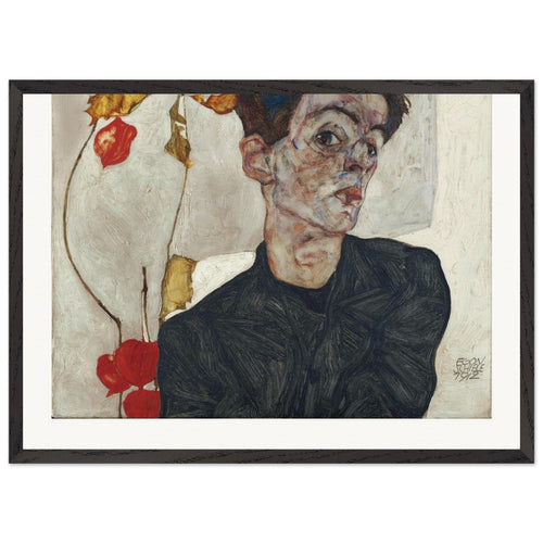 Self-Portrait with Physalis (1912) by Egon Schiele. Archival Print on Museum Quality Matte Paper. Premium Wood Framed Wall Art. Original Aspect Ratio